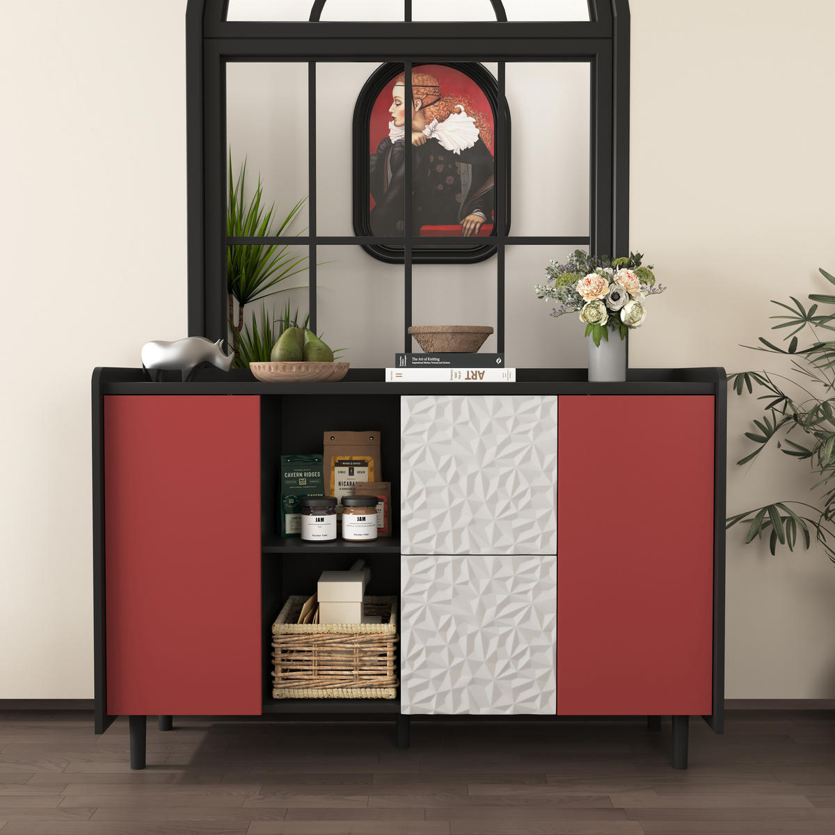 SIDEBOARD 120/40/80 cm, MDF Schwarz/Rot mit 2 Schubladen, offenem Fach und Tür, Schwarz/Rot - Rot, Holzwerkstoff (120/80/40cm) - Redom