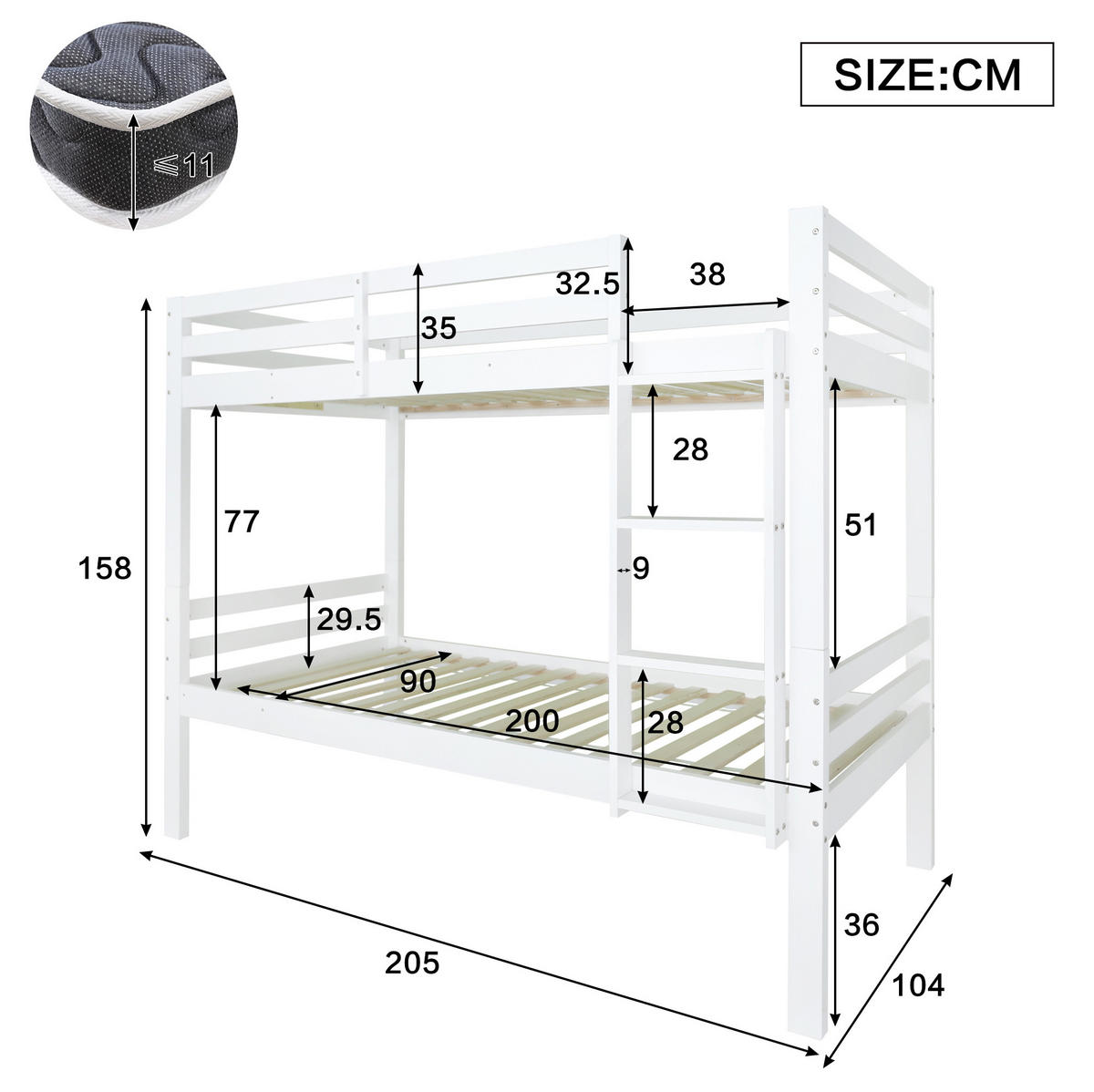 ETAGENBETT 90/200 cm Weiß aus Kiefer mit Absturzsicherung und Winkelleiter - Weiß, Holzwerkstoff (90/200cm) - OKWISH