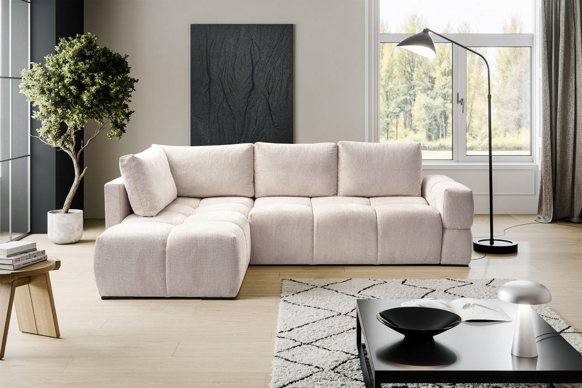 ECKSOFA Taremi mit Chenillebezug Hellbeige, beidseitig - Ecru/Schwarz, Textil (267/185cm) - Selsey