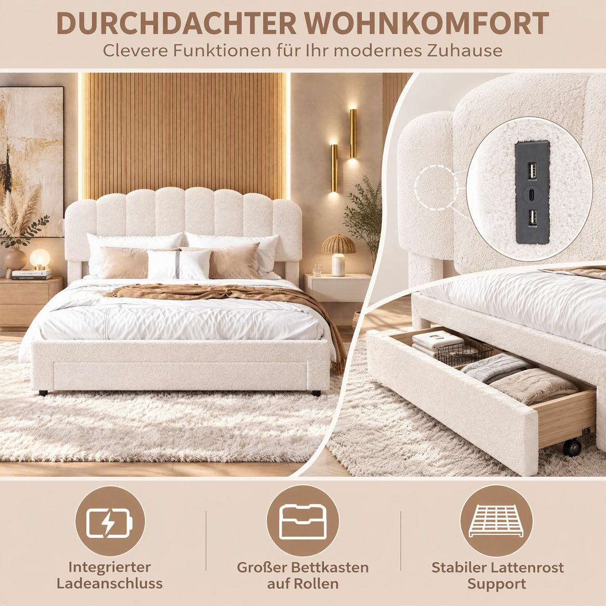 POLSTERBETT 140x200 cm mit Stauraum, Doppelbett mit Schubladen, USB und Typ-C, Lattenrost, verstellbares Kopfteil, Teddy-Fleece Beige - Beige, Holz/Metall (140/200cm) - GENKI LIVING