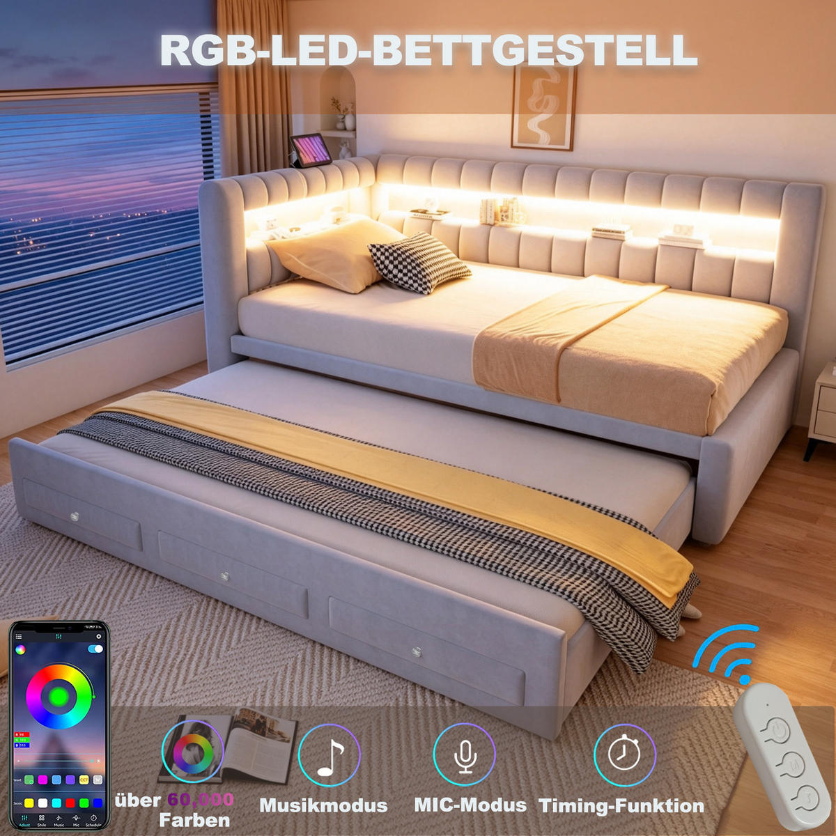 SCHLAFSOFA 90*190 cm mit Ausziehbett, LED und USB, Hellgrau - Hellgrau, Textil (90/190cm) - FLIEKS