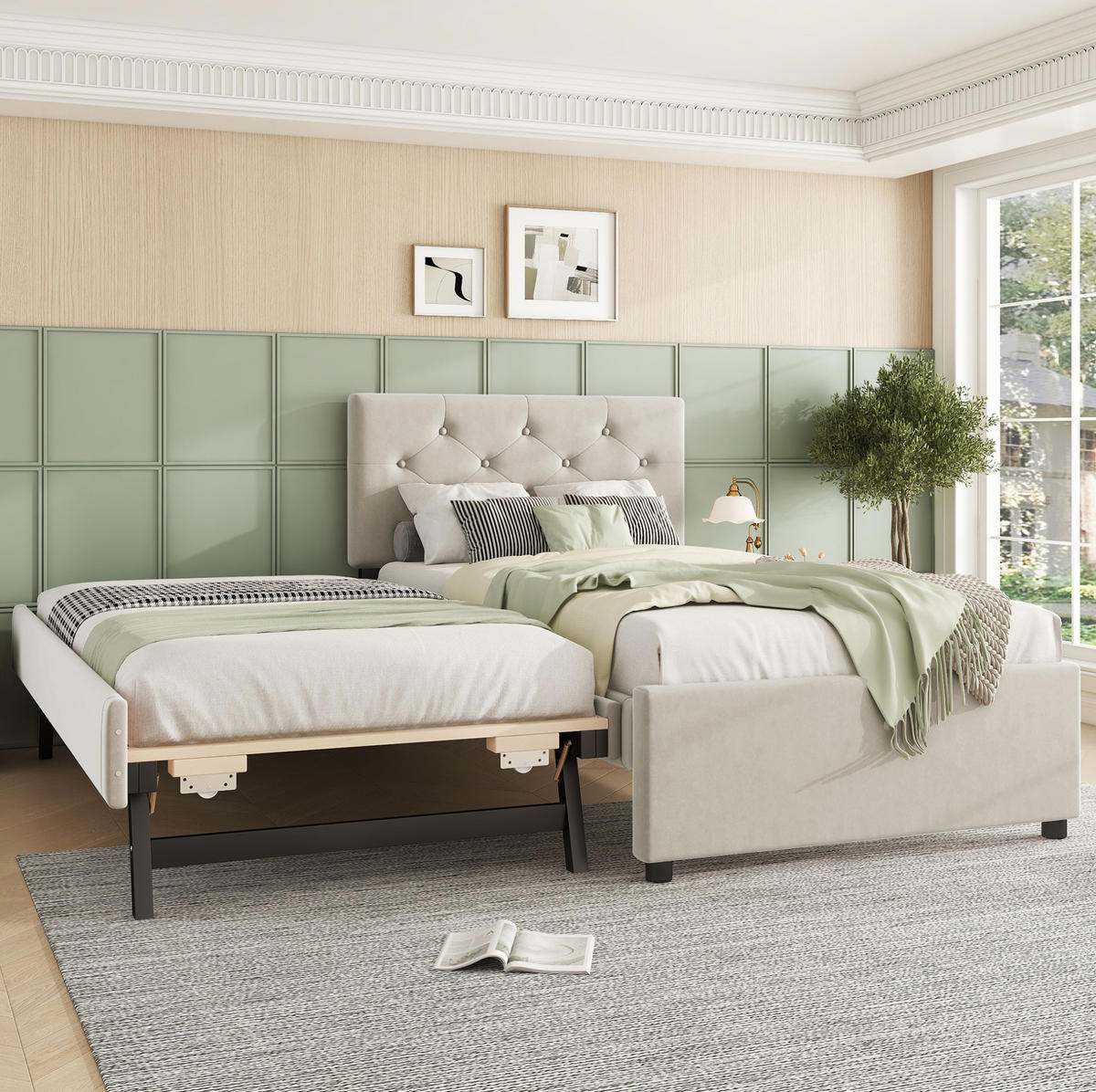 POLSTERBETT 90/200 cm mit Lattenrost, ausziehbarem Rollbett und Samtbezug, Beige - Beige, Textil (90/200cm) - Redom