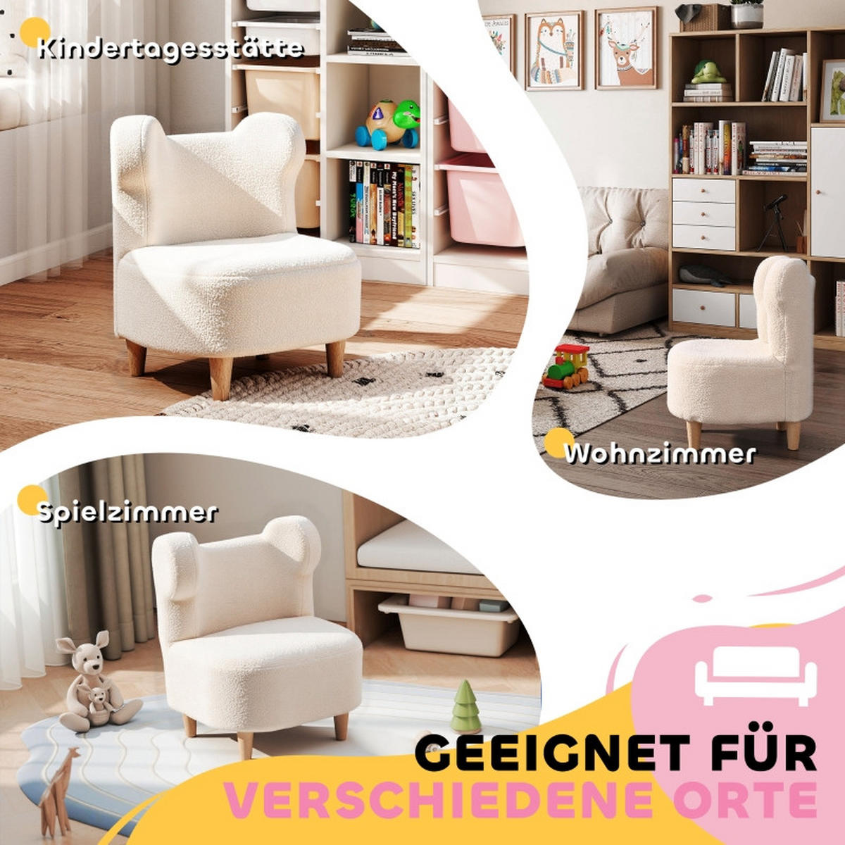KINDERSESSEL, Plüschsessel mit Bärenohren, Fleece-Bezug, Schaumstoff, Beige - Beige, Holz (43/53/47cm) - BursDany