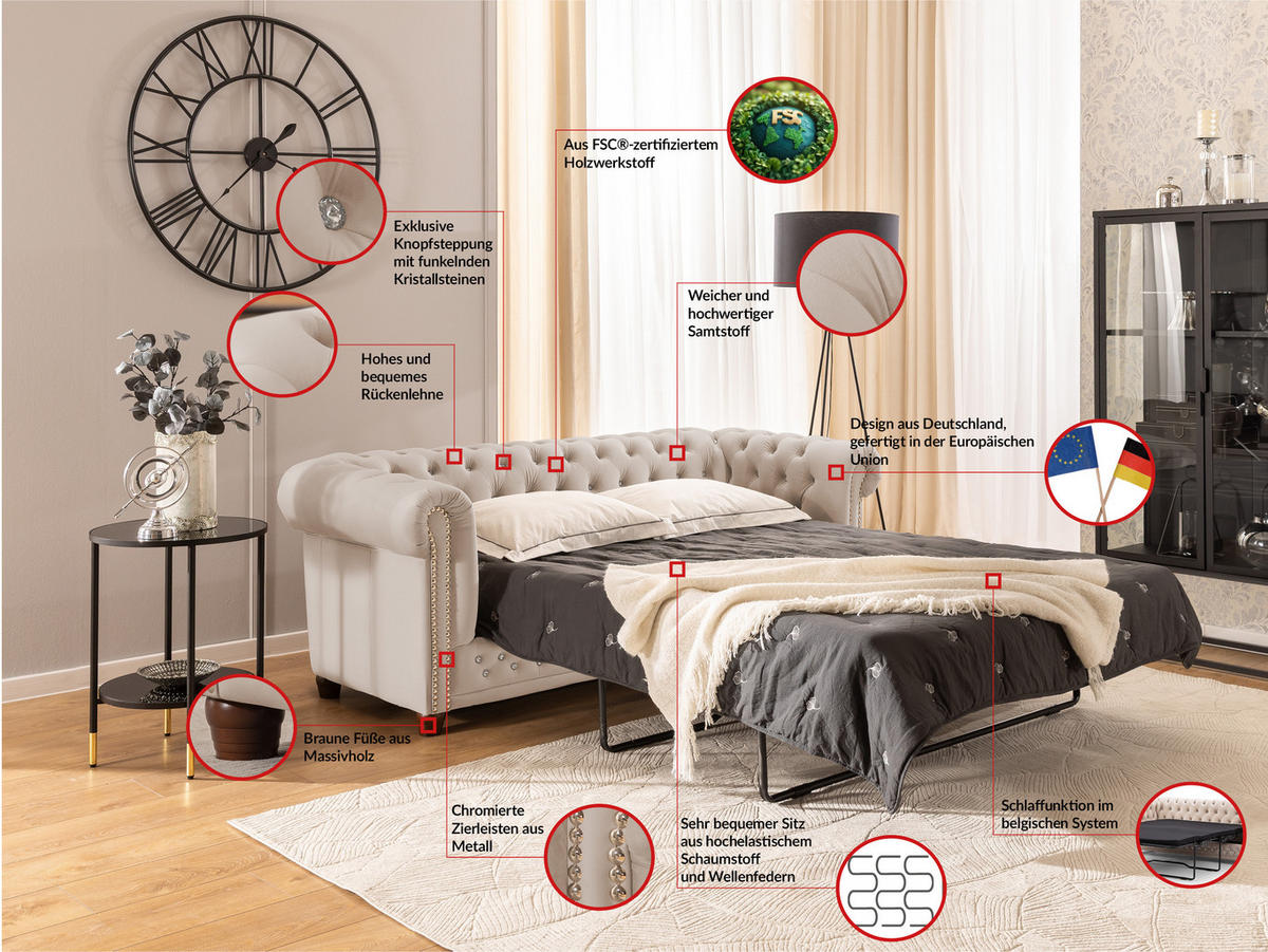 CHESTERFIELD-SOFA 3-Sitzer mit Schlaffunktion Cleo Blink Beige Samt mit Kristallsteppung und braunen Massivholzfüßen - Beige/Braun, Holz/Textil (203/72/86cm) - S-Style Möbel