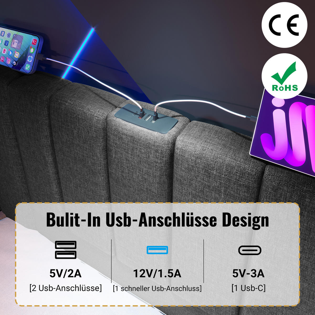 POLSTERBETT 180/200 cm Grau mit App Control LED und USB-C Ladefunktion, Ohne Matratze und Nachttisch - Grau, Textil (180/200cm) - Oxeza