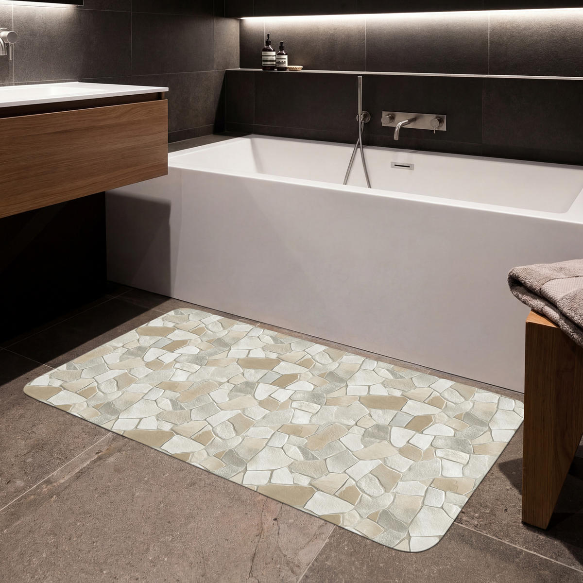 KÚPEĽŇOVÁ PREDLOŽKA Mozaika - Kamienky - béžová 120x60 cm - krémová/béžová, textil/plast (120/60cm) - OnlyWow