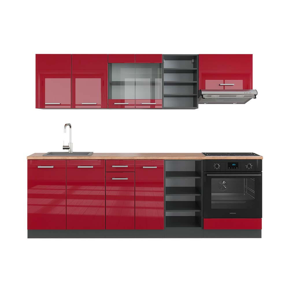 KÜCHENZEILE R-Line Bordeaux Hochglanz/Anthrazit 240 cm, AP Eiche - Bordeaux/Anthrazit, Holzwerkstoff (240/81.6/60cm) - Vicco