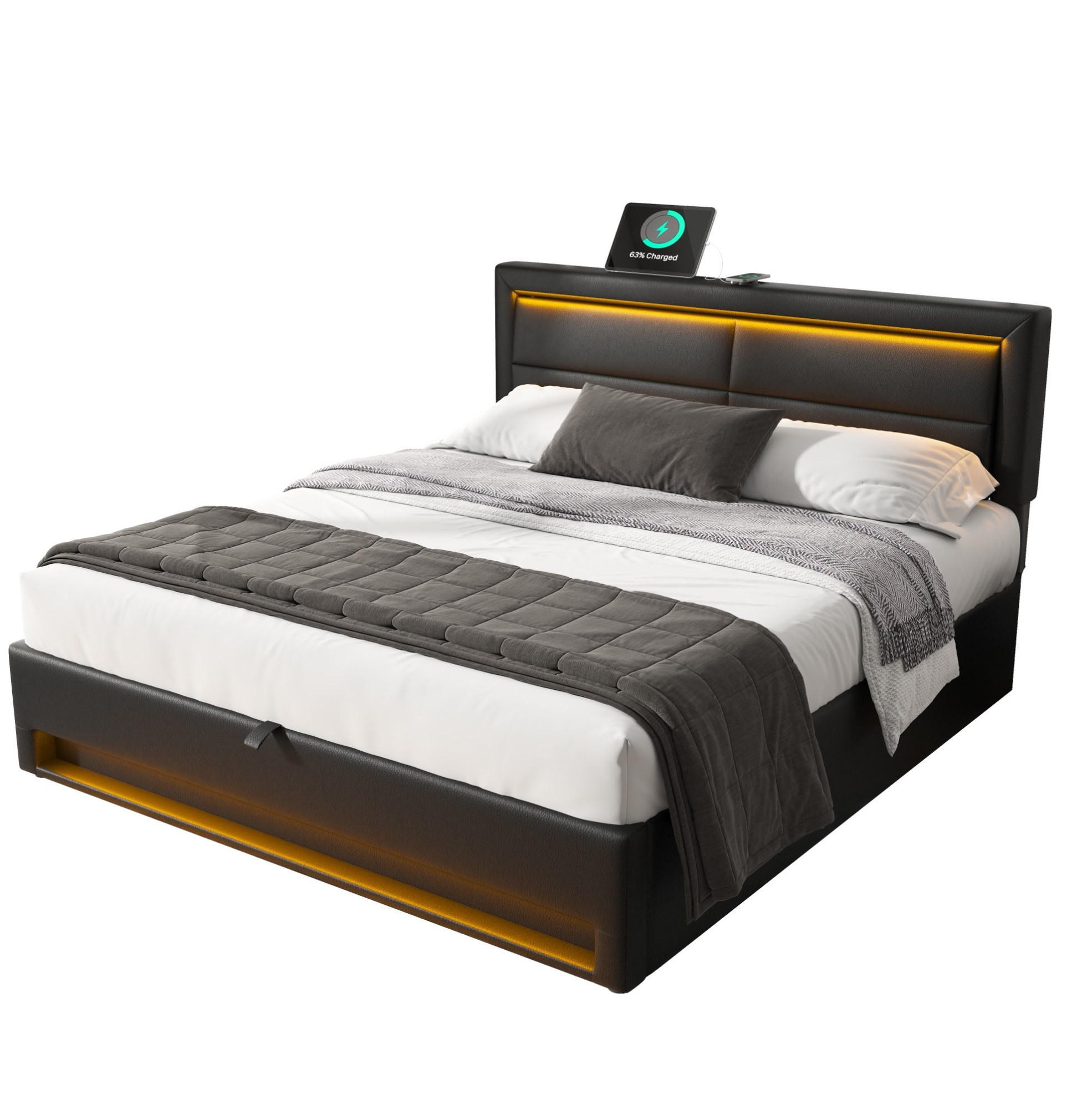POLSTERBETT 140/200 cm aus PU mit LED USB-Ladestation und Stauraum Schwarz - Schwarz, Kunststoff (140/200cm) - Modenvie