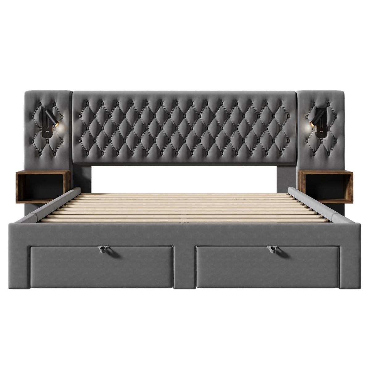 POLSTERBETT 160/200 cm Grau aus Samt mit 2 Nachttischen und 4 Schubladen - Grau, Textil (160/200cm) - OKMYHOME
