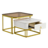COUCHTISCH-SET, MDF Hochglanz-Marmoroptik, Goldakzente, mit Schublade, 60/60/42,5 + 50/50/34 cm, Weiß und Gold und Teebraun - Braun, Holzwerkstoff (60/60/42.5cm) - Redom