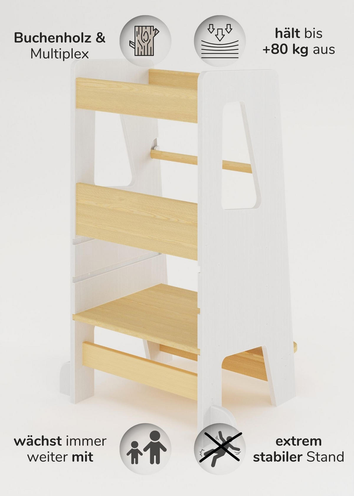 LERNTURM Steppy Höhenverstellbar Montessori Kippschutz weiß/natur - Weiß/Naturfarben, Holzwerkstoff (44/90/44cm) - Sämann – make a difference.