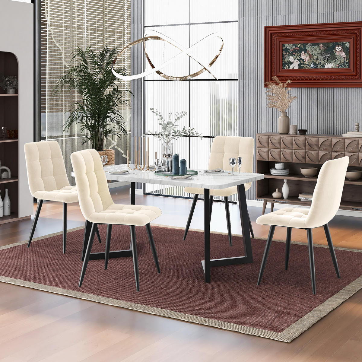 ESSGRUPPE 5-teilig mit rechteckigem Esstisch und vier beigen Samtstühlen als modernes Küchen-Essset, weiß-beige - Beige, Holzwerkstoff (68/75/117cm) - Luhomfu