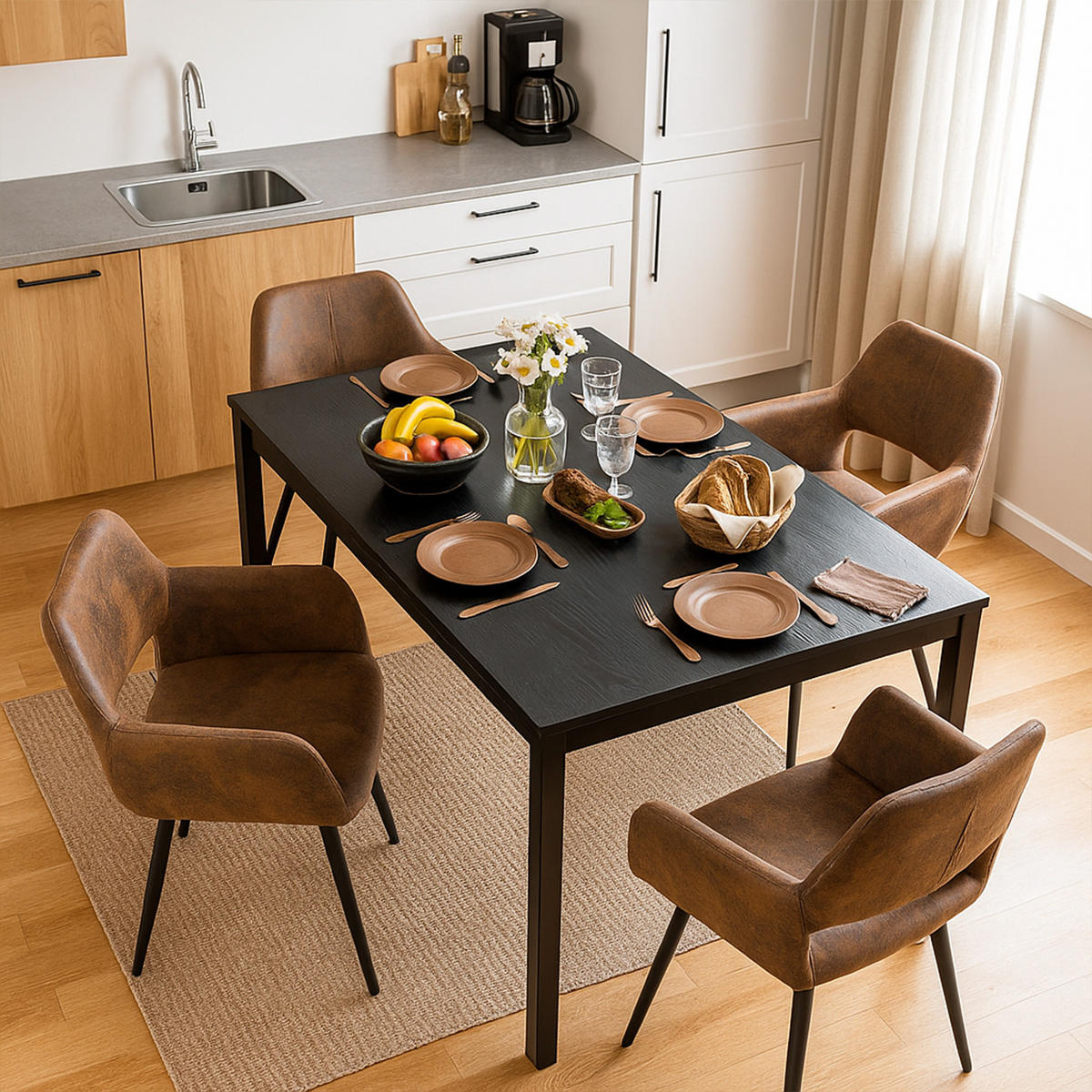 ESSGRUPPE 1 Tisch & 4 Suede Armlehnenstühle Braun - Schwarz/Braun, Textil/Metall (56/78/56cm) - Meubles Cosy
