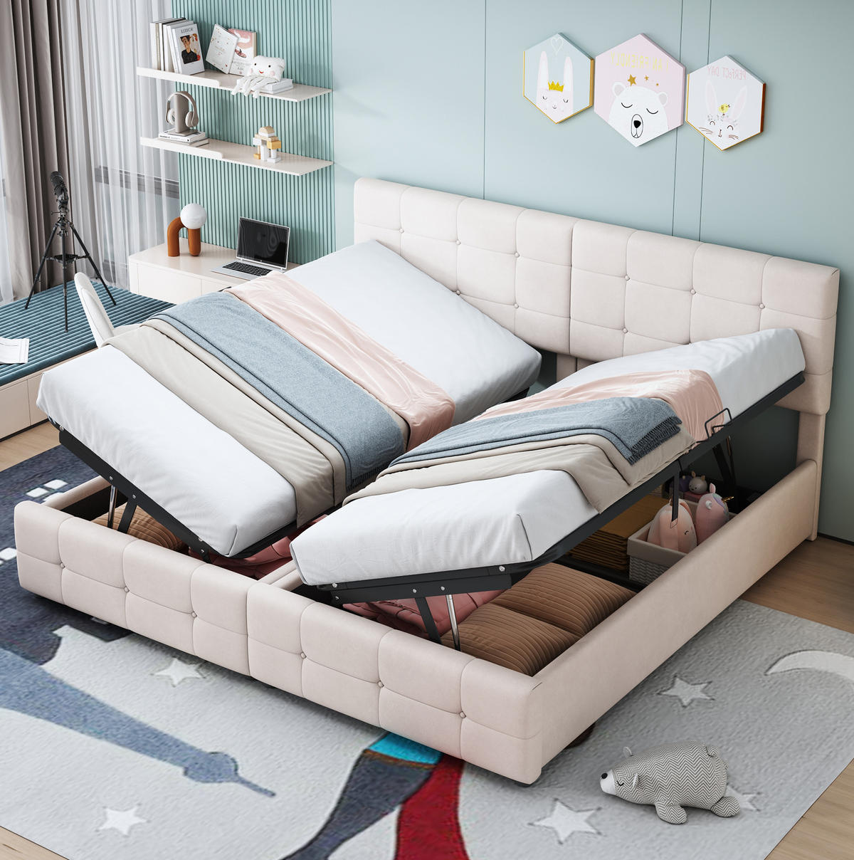 POLSTERBETT 180/200 cm Beige aus Samt mit hydraulischem Stauraum - Beige, Textil (180/200cm) - OKMYHOME