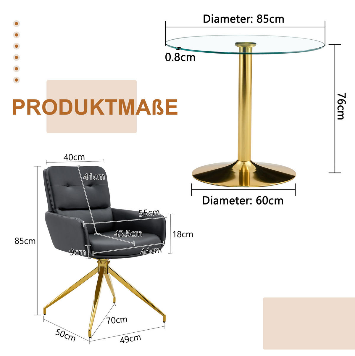 TISCH-UND-STUHL-SET 85 cm Glas Schwarz/Gold - Schwarz, Metall (85/76/85cm) - Meubliv