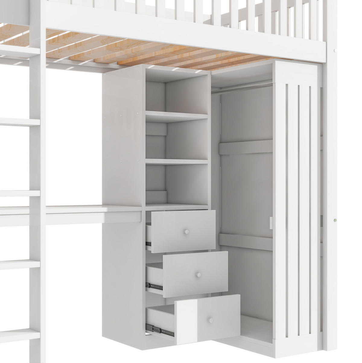 HOCHBETT 90/200 cm mit Matratze mit Schreibtisch und Kleiderschrank in Weiß - Weiß, Holzwerkstoff (90/200cm) - OKWISH