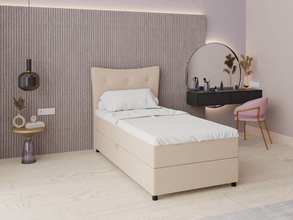BOXBETT Nevada 100x200 cm Polsterbett mit hochwertiger Bonell-Matratze und Topper - beige - Beige, Holz (100/200cm) - Panda Möbel