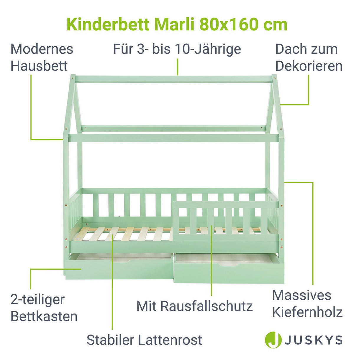 KINDERBETT Marli mint 80x160 cm mit Bettkasten und Matratze - Mintgrün, Holz (80/160cm) - Juskys