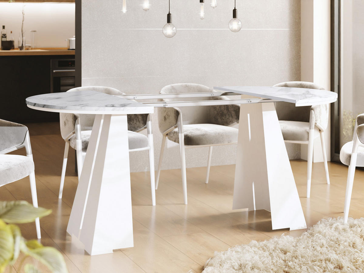 ESSTISCH Kova runder ausziehbarer, Marmor Weiß 100-180/100/76 cm - Ecru/Weiß, Holzwerkstoff/Metall (100/100/76cm) - WFL GROUP