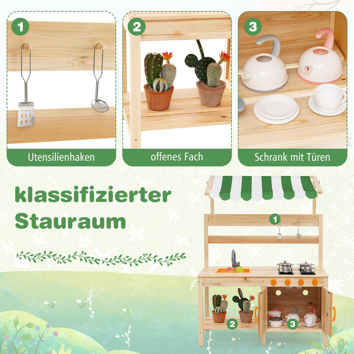KINDERKÜCHE Outdoor Natur - Naturfarben, Holz (88/39/117cm) - COSTWAY