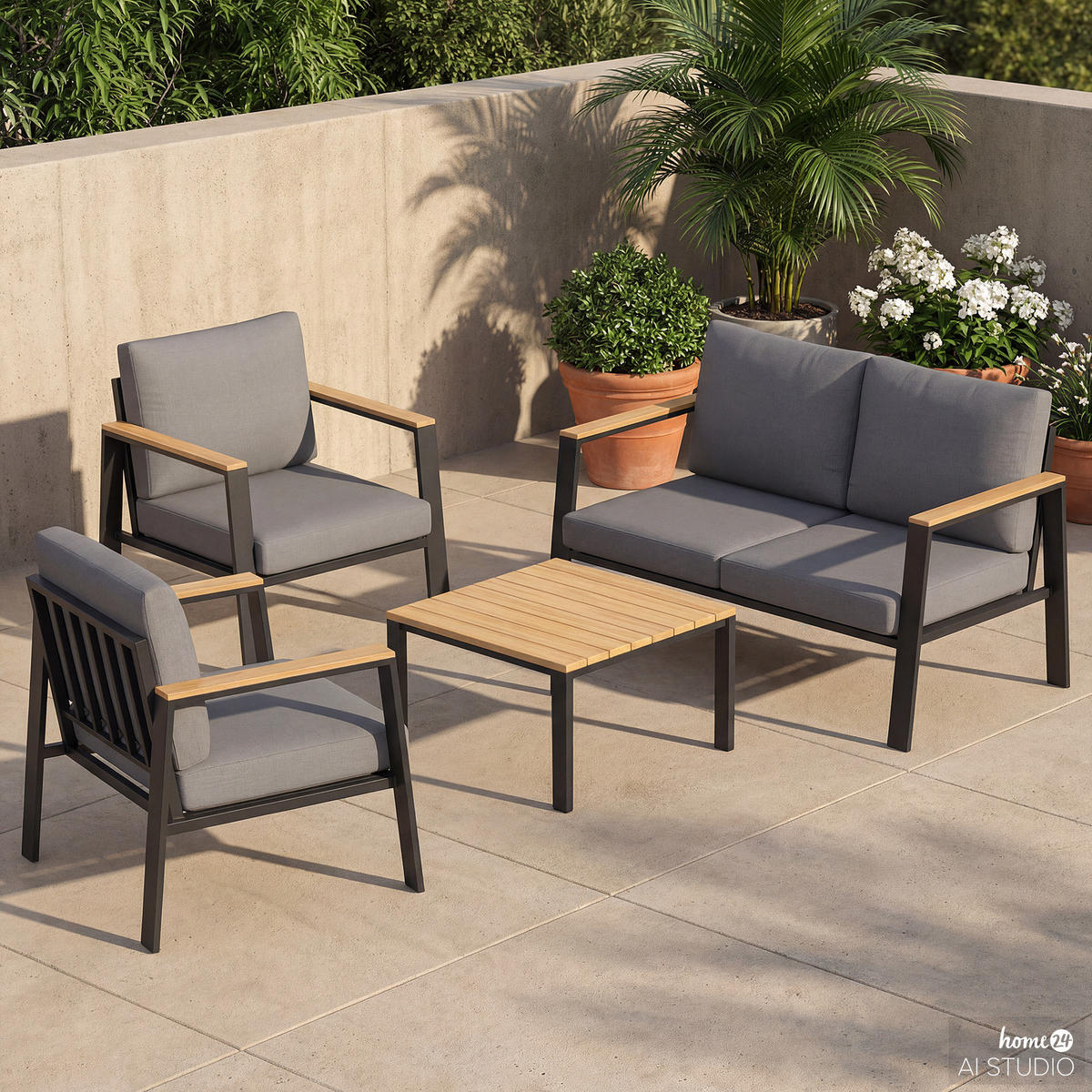 LOUNGESET - 4-teilig - Eukalyptus massiv / Polyester - Braun / Anthrazit - Braun/Grau, Holz/Textil - home24