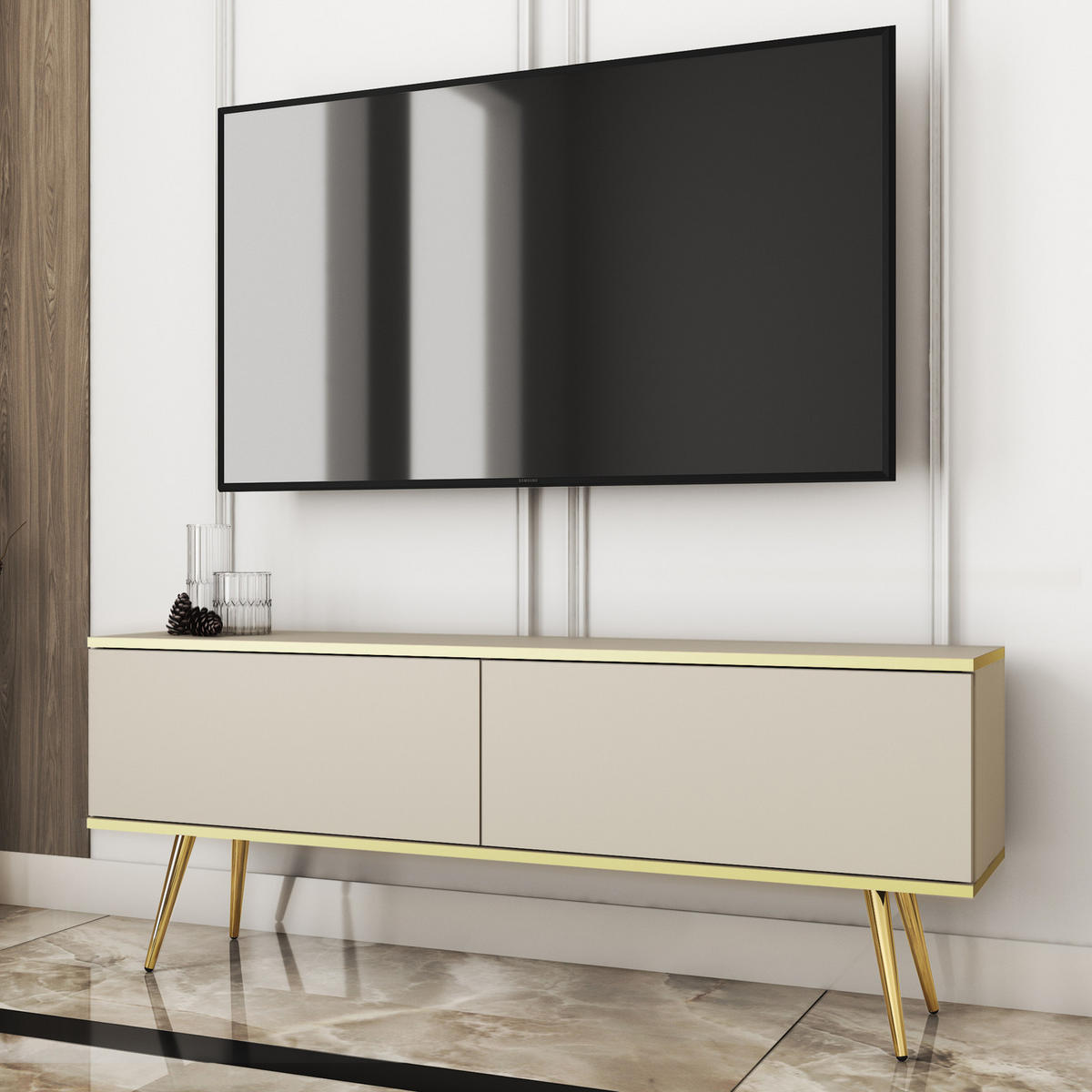 TV-LOWBOARD FORNO (Beige, Goldene Details, 2 Türen, goldene Metallfüße, 135 cm) - Gelb/Beige, Holz/Holzwerkstoff (135/53/32cm) - Ravio