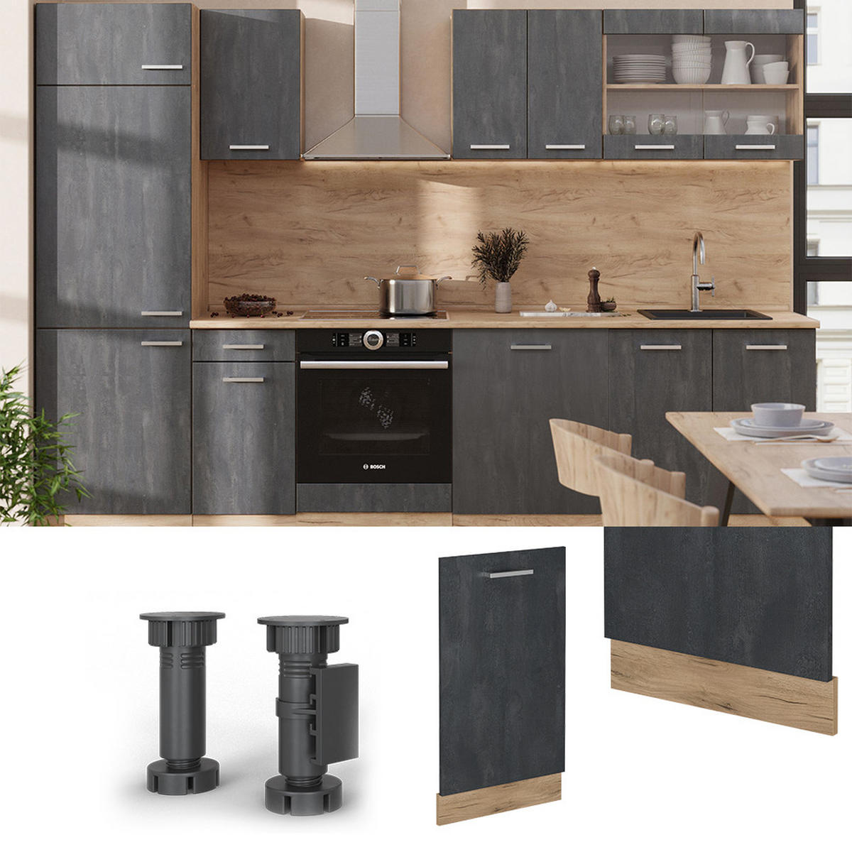 GESCHIRRSPÜLBLENDE R-Line Schwarz Beton 45 cm , AP Anthrazit - Honigeiche/Schwarz, Holzwerkstoff (45/81.8/1.6cm) - Vicco