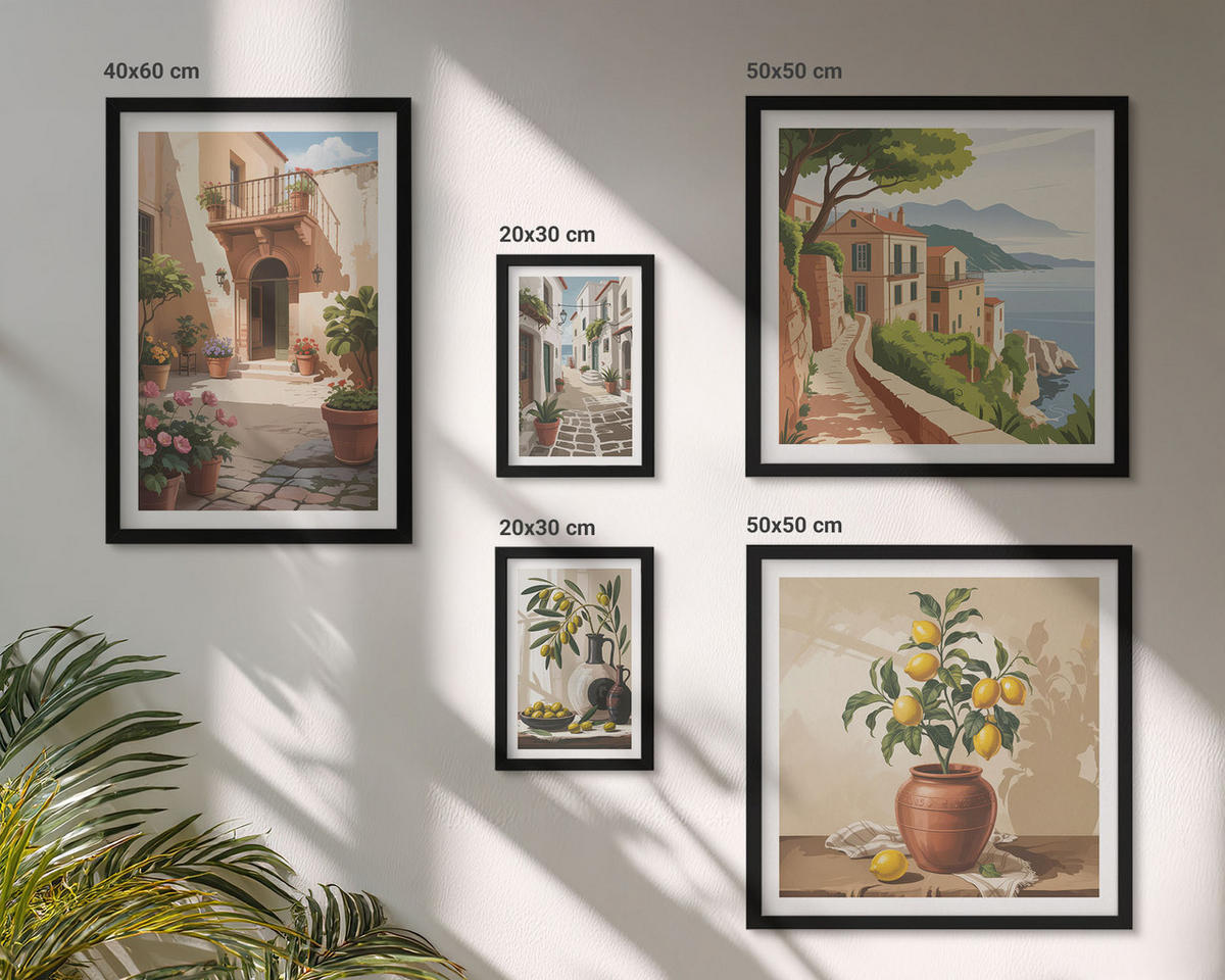 BILDER SET 5er Set - 50x50 cm & 20x30 cm & 40x60 cm Schwarzer Rahmen - Zitronenblumen im Topf, Straßen - Schwarz, Kunststoff (40/60cm) - TULUP