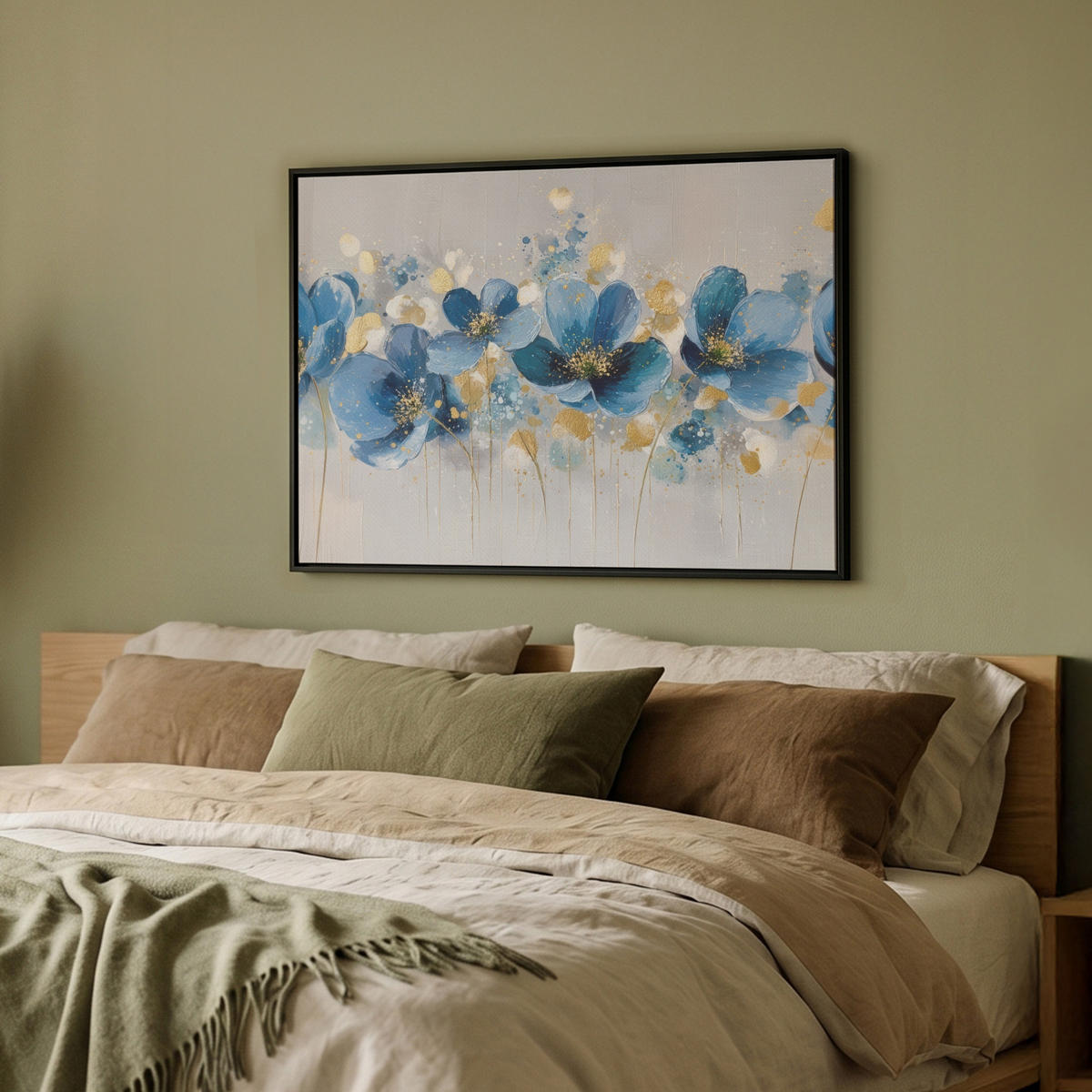 LEINWAND Bilder mit Rahmen - Blumen - Blau - Abstrakt - 80x60 - Hellgrau, Textil (80/60cm) - MuchoWow