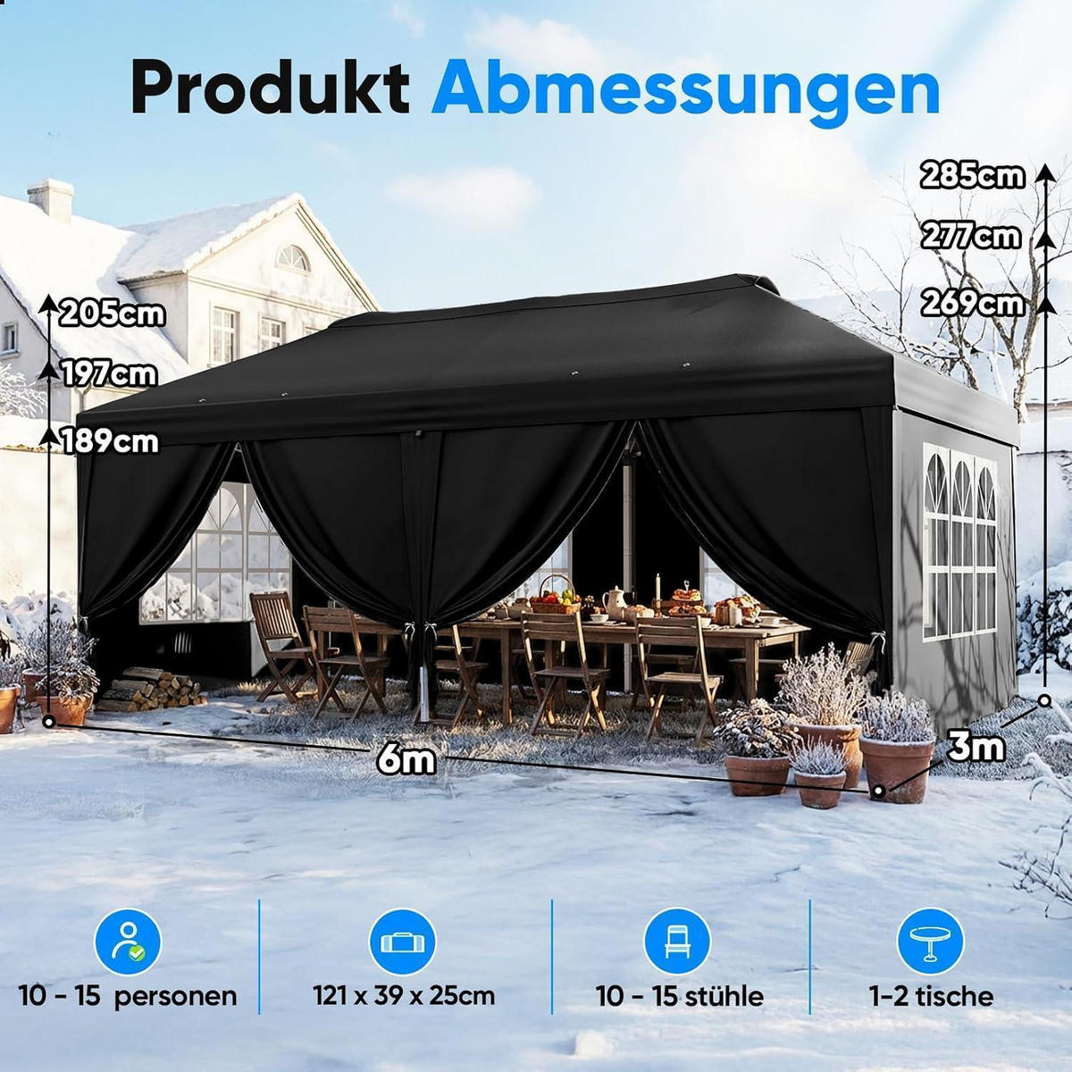 FALTPAVILLON 3x6m mit Seitenwänden Schwarz Metall - Schwarz, Metall (585/285/293cm)