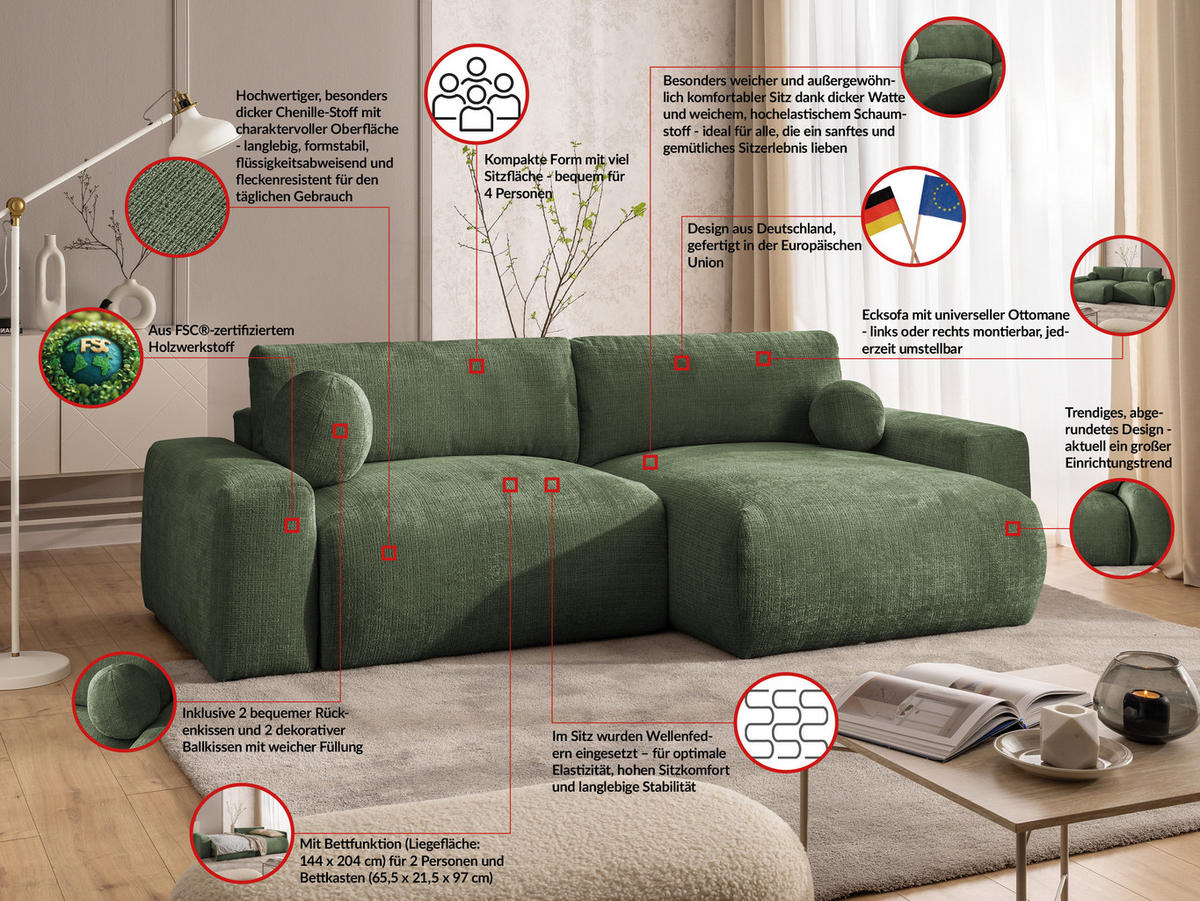ECKSOFA Puffy mit Schlaffunktion und Bettkasten - besonders weich und puffig aus Grün Chenille-Stoff - Ottomane rechts - Schwarz/Grün, Holz/Kunststoff (266/138cm) - S-Style Möbel