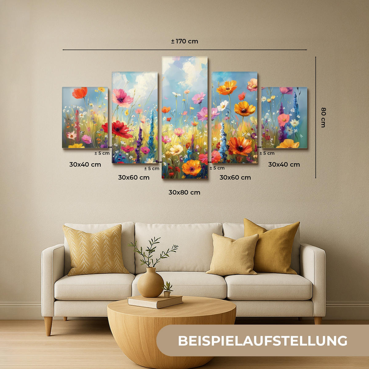 LEINWANDBILD 5er Set Blumen - Frühling - Farbenfroh - Sommerlich 150x80 cm - Orange, Textil (150/80cm) - MuchoWow