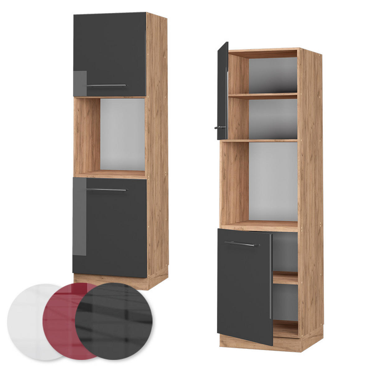 HERDUMBAUSCHRANK Fame-Line Anthrazit Hochglanz 60 cm offen - Schwarz Hochglanz/Eichefarben, Holzwerkstoff (60/206.8/58cm) - Vicco