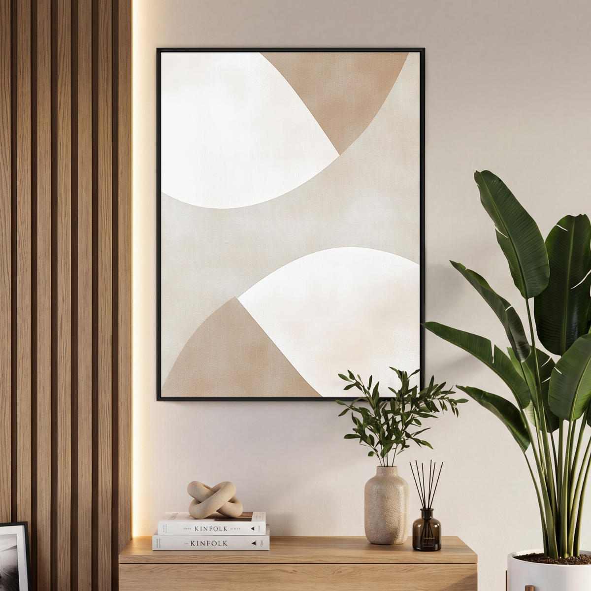 LEINWAND Bilder mit Rahmen - Braun - Japandi - Abstrakt - 70x100 - Sandfarben, Textil (70/100cm) - MuchoWow
