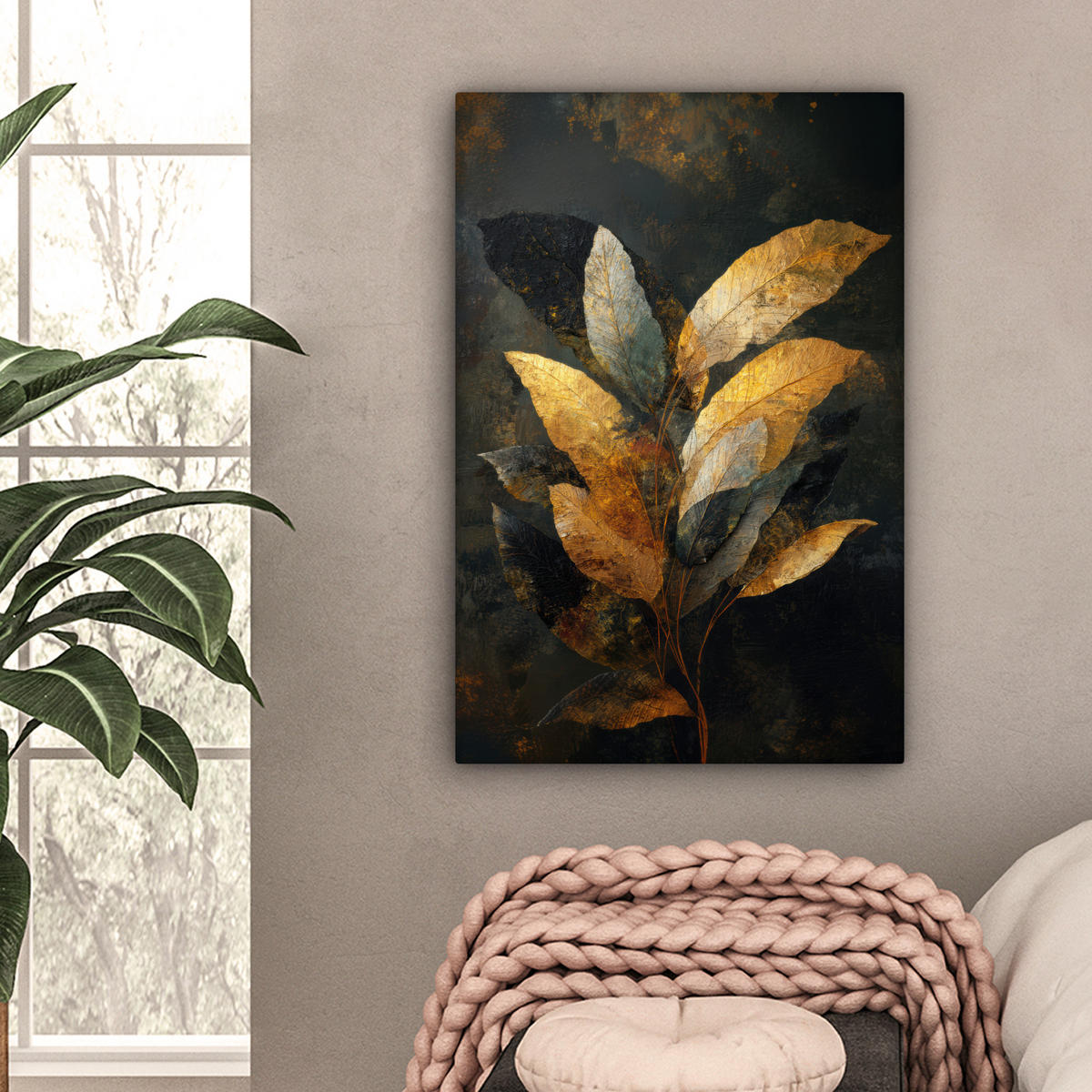 LEINWANDBILD Golden Leaf Komposition - Botanical Luxury Wanddeko Schlafzimmer 60x90 cm - Goldfarben/Schwarz, Textil (60/90cm) - MuchoWow