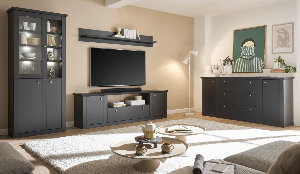 SIDEBOARD schwarz matt, Eiche Landhaus 205 cm, Kommode mit Soft-Close - Eichefarben/Messingfarben, Holzwerkstoff/Metall (205/92/42cm) - Furn.Design