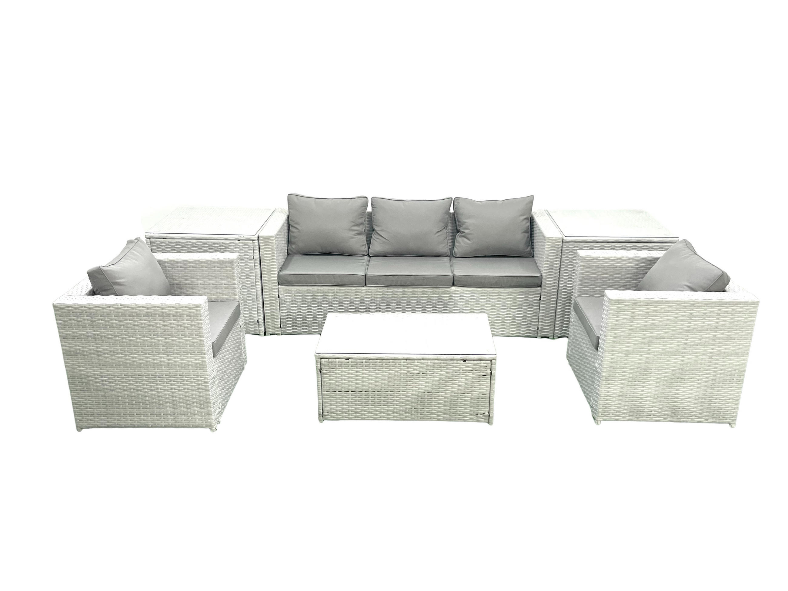 GARTENMÖBELSET mit 3-SITZER SOFA,COUCHTISCH Polyrattan Hellgrau-Mix 5-Sitzer - Hellgrau/Grau, Glas/Kunststoff - Fimous