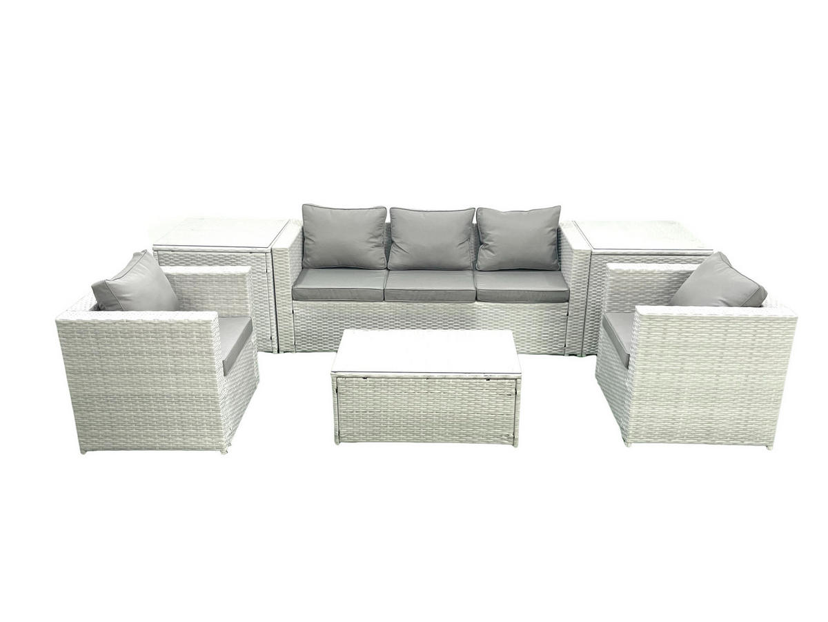 GARTENMÖBELSET mit 3-SITZER SOFA,COUCHTISCH Polyrattan Hellgrau-Mix 5-Sitzer - Hellgrau/Grau, Glas/Kunststoff - Fimous