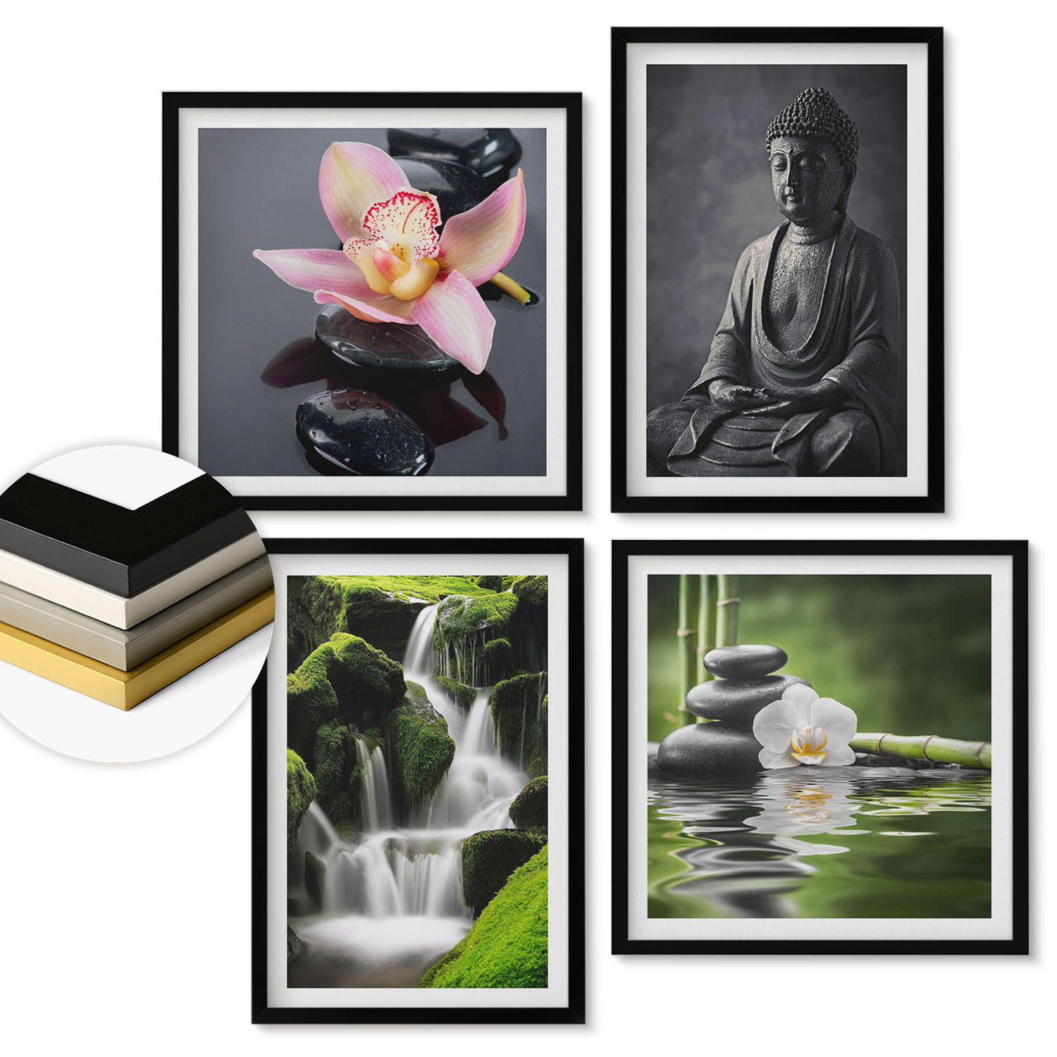 WANDBILDER 4er-Set - 50x50 cm & 40x60 cm Schwarzer Rahmen - Zen-Gemälde, Wassersteine, Buddha - Schwarz, Kunststoff (50/50cm) - ArtPrintCave