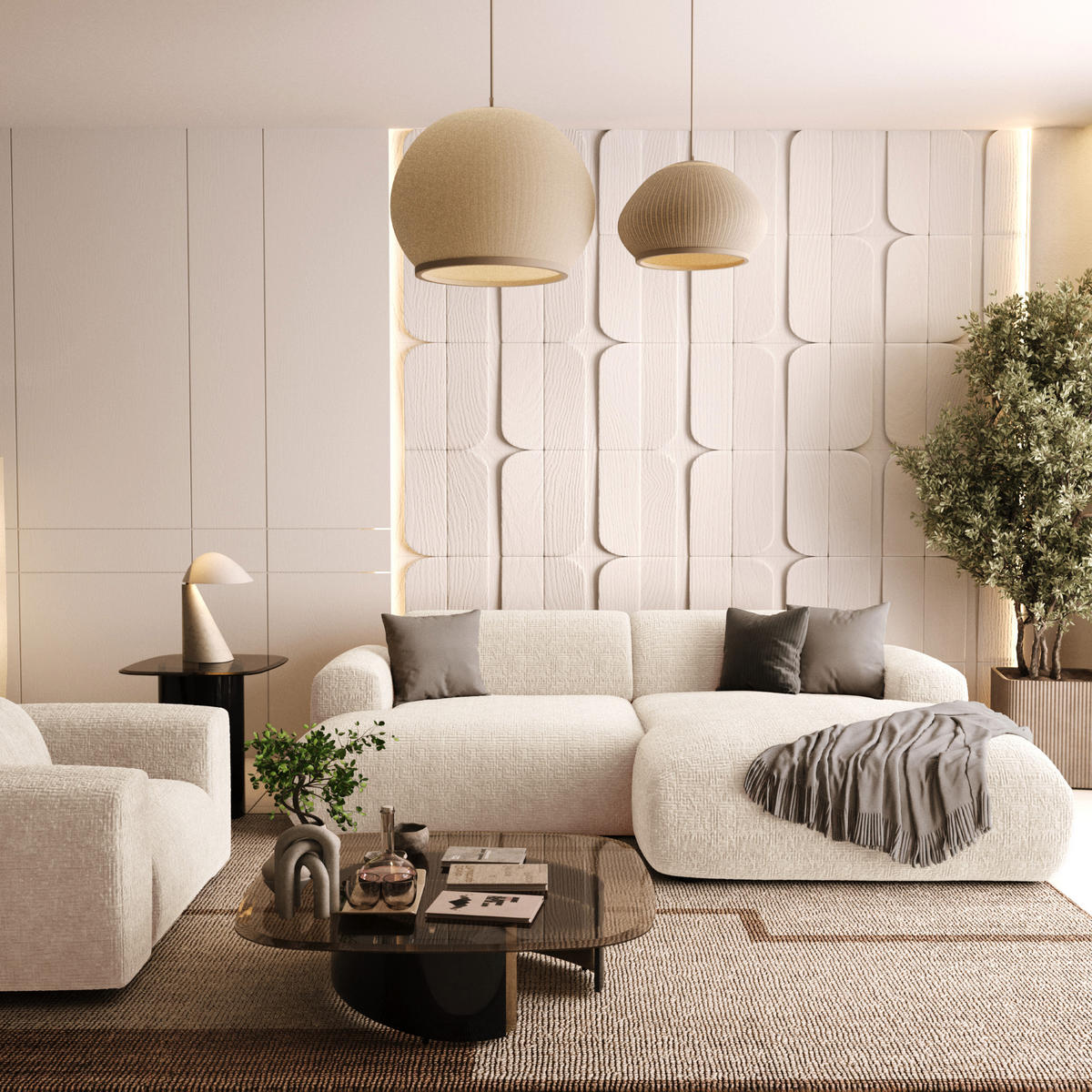 ECKSOFA RECHTS Gemusterter Samt Creme 266cm - Creme, Textil (266/165cm) - Sia Home