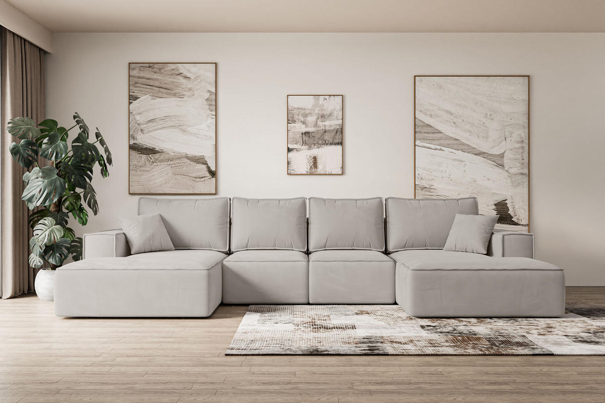 WOHNLANDSCHAFT mit Schlaffunktion und Bettkasten SIERRA-U-S - 349x161x87 cm Hellbraun Velours - Hellbraun/Schwarz, Holzwerkstoff/Kunststoff (349/87/161cm) - ALTDECOR