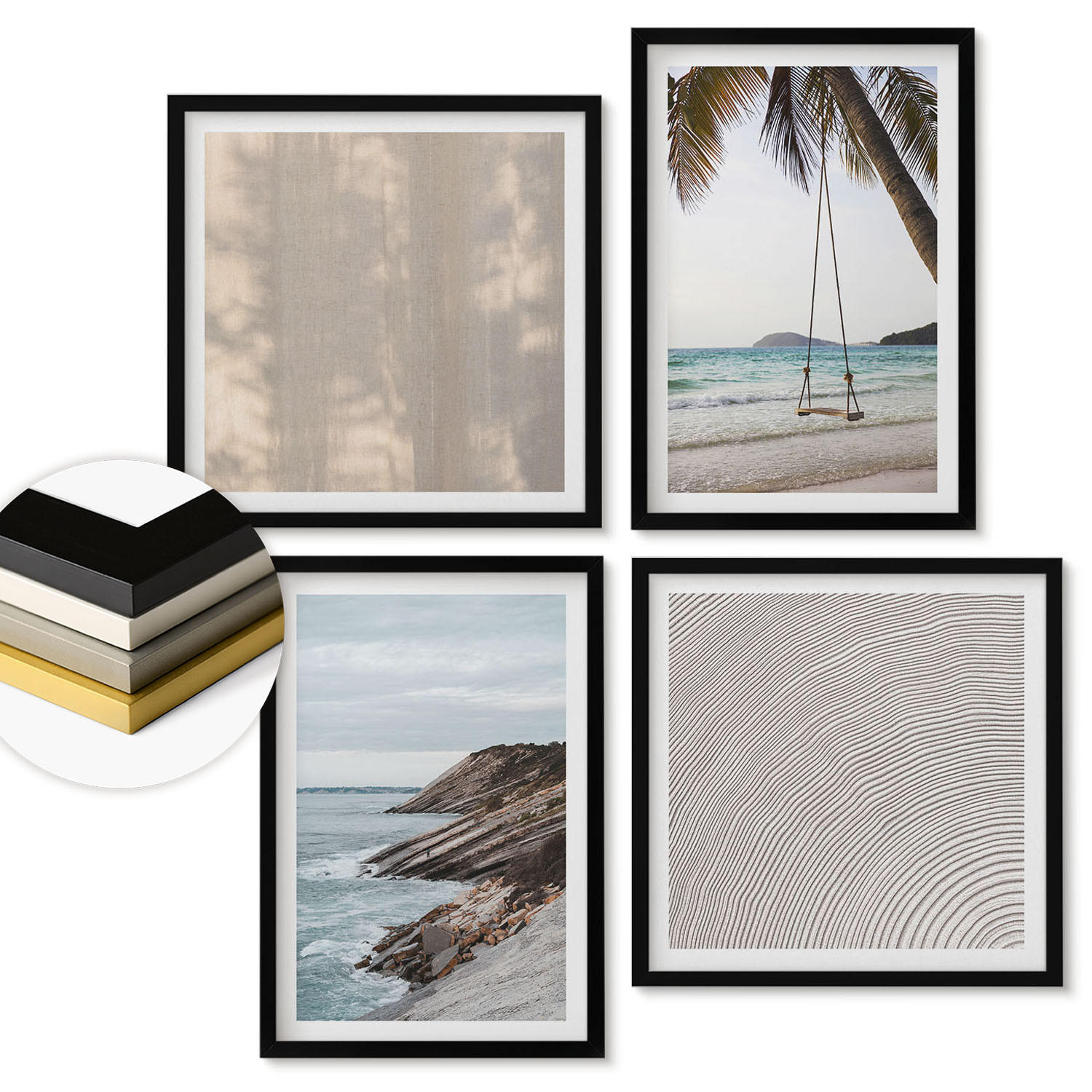 WANDBILDER 4er-Set - 50x50 cm & 40x60 cm Schwarzer Rahmen - Sommerlicher Sandstrand mit Meerblick - Schwarz, Kunststoff (50/50cm) - ArtPrintCave
