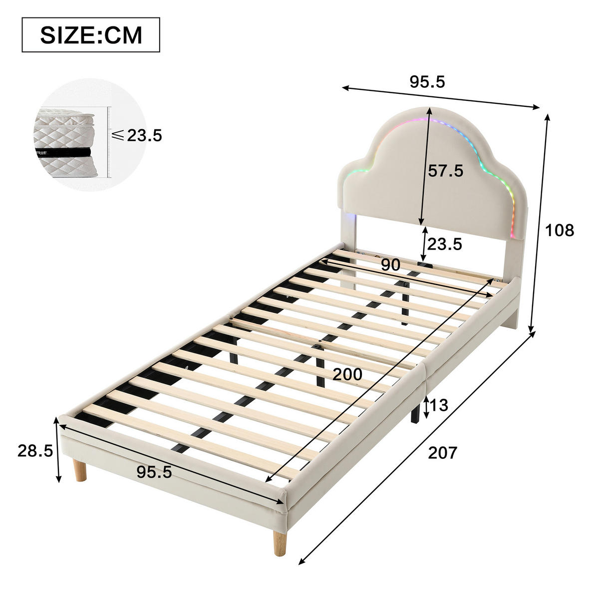 POLSTERBETT 90/200 cm Beige mit wolkigem Kopfteil und LED-Beleuchtung aus Samt - Beige, Textil (90/200cm) - OKWISH