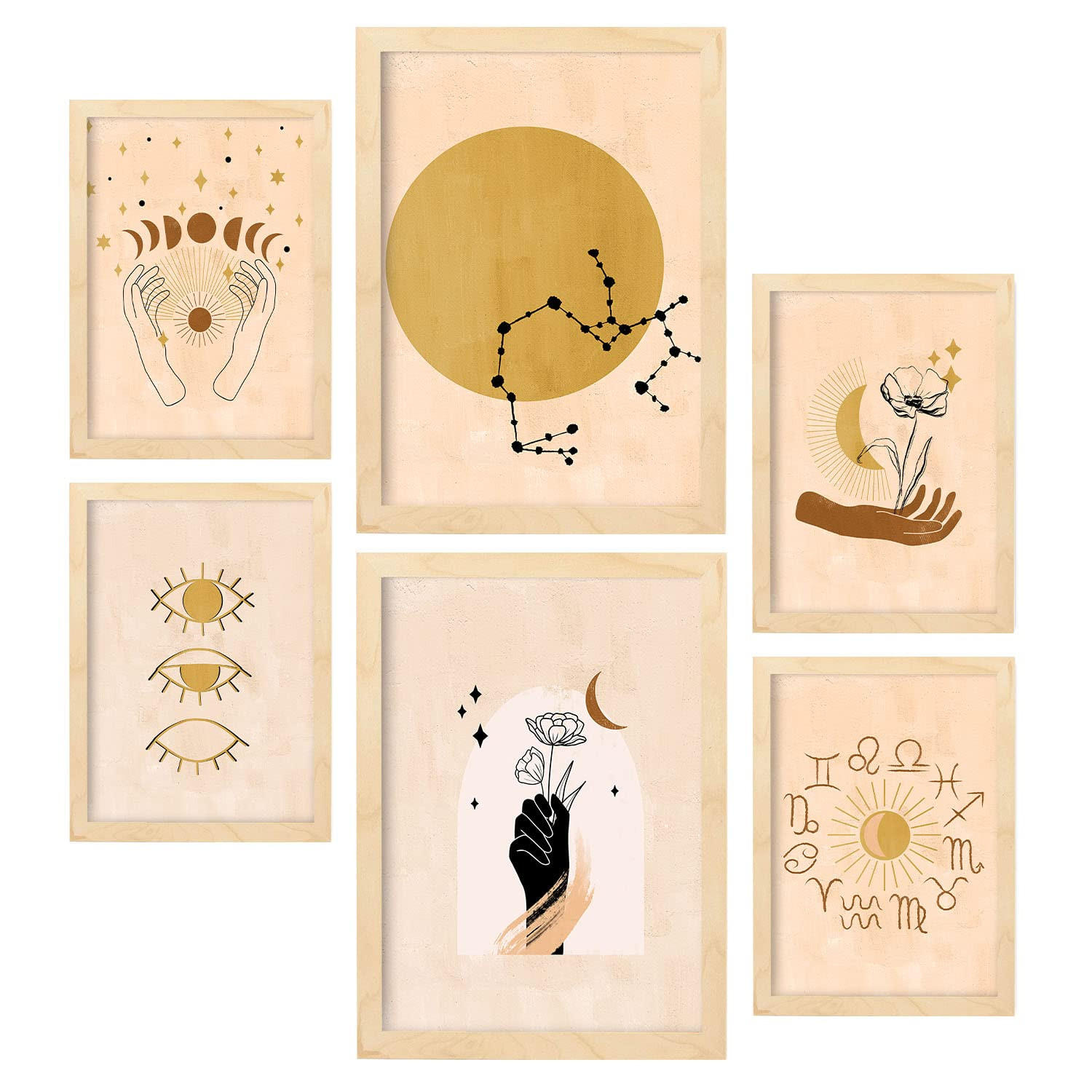 POSTER Set Mit 6 Mystischen Sammlung A3 & A4 Rahmen Aus Hellem Holz - Beige, Papier (29/3cm) - Nacnic