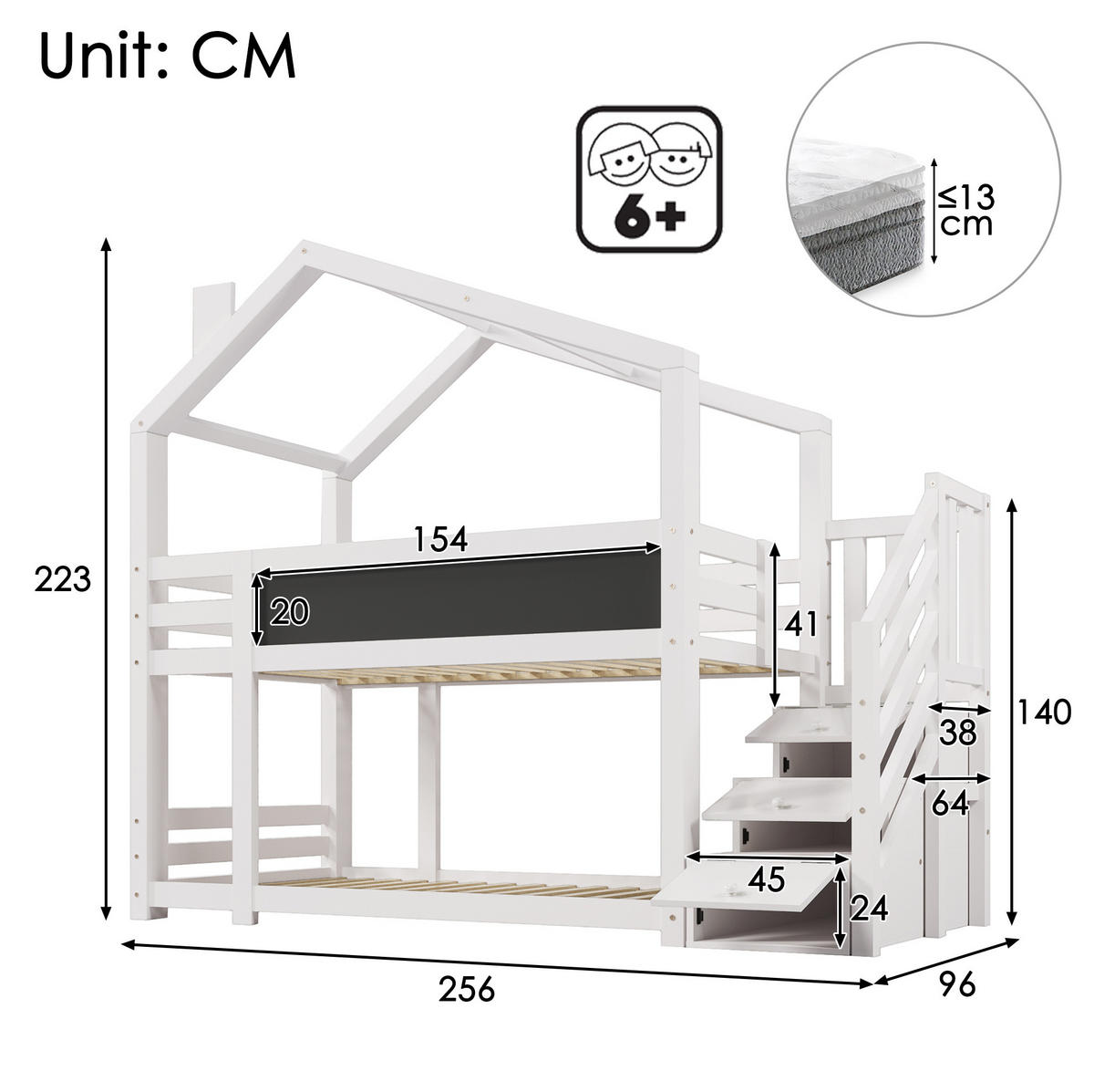 POSCHODOVÁ posteľ 90/200 cm biela s tabuľou a úložnými schodmi z masívneho dreva a MDF - biela, kompozitné drevo (90/200cm) - OKWISH