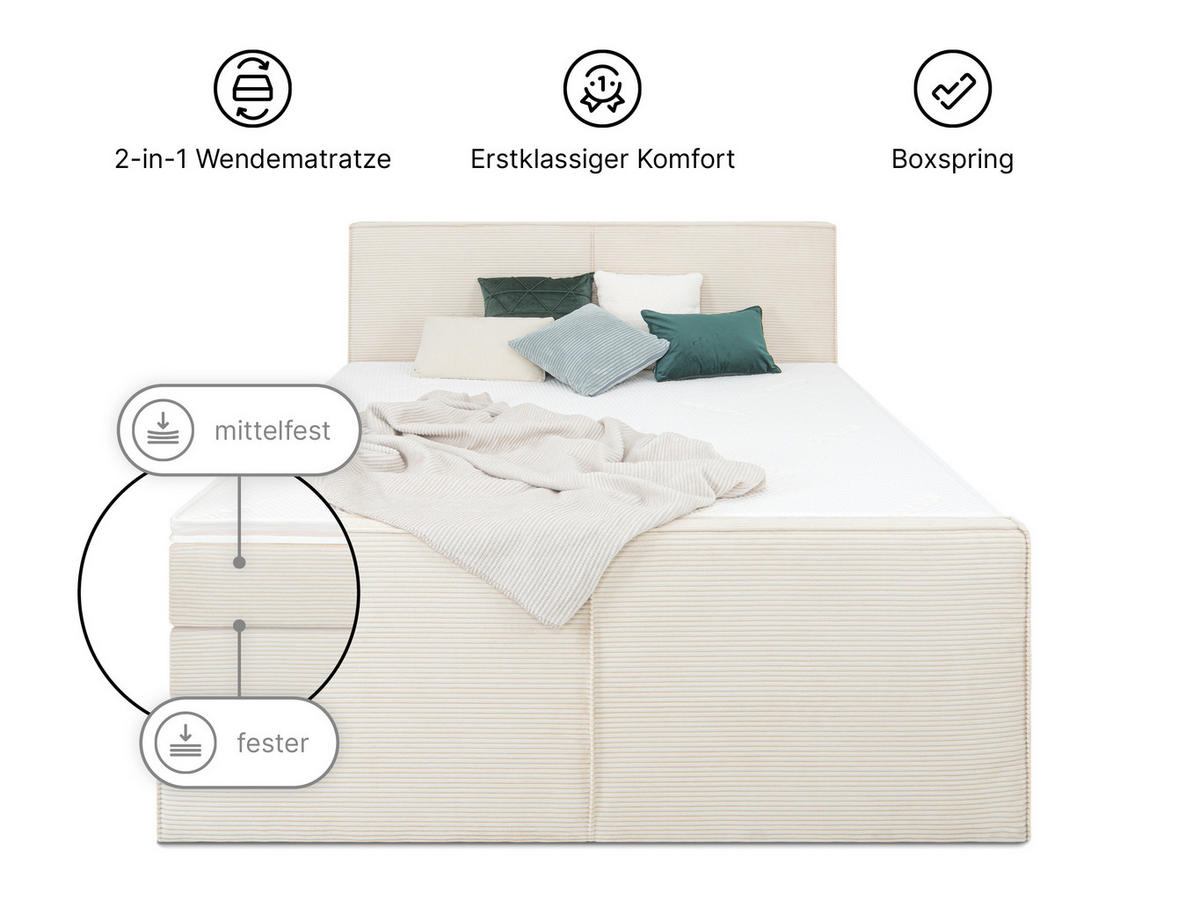 BOXSPRIGBETT Buffalo Beige 180/200 cm H3/H4 Cord - Beige, Textil (180/200cm) - wonello