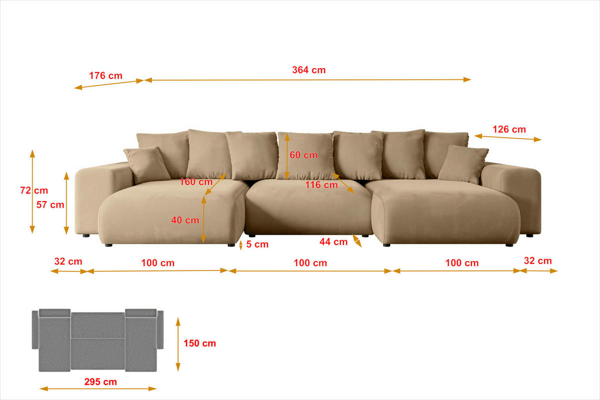 WOHNLANDSCHAFT mit Schlaffunktion ESKAR-U -364x176x72cm Beige Velours - Beige/Schwarz, Holzwerkstoff/Kunststoff (364/72/176cm) - ALTDECOR