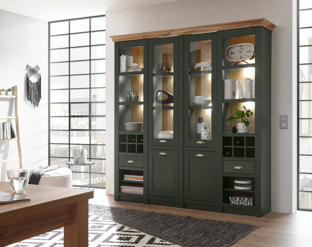 BUFFETSCHRANK grün, Wotan Eiche Landhaus, Vitrinenschrank mit Weinregal - Dunkelgrün/Messingfarben, Glas/Holzwerkstoff (194/207/45cm) - Furn.Design