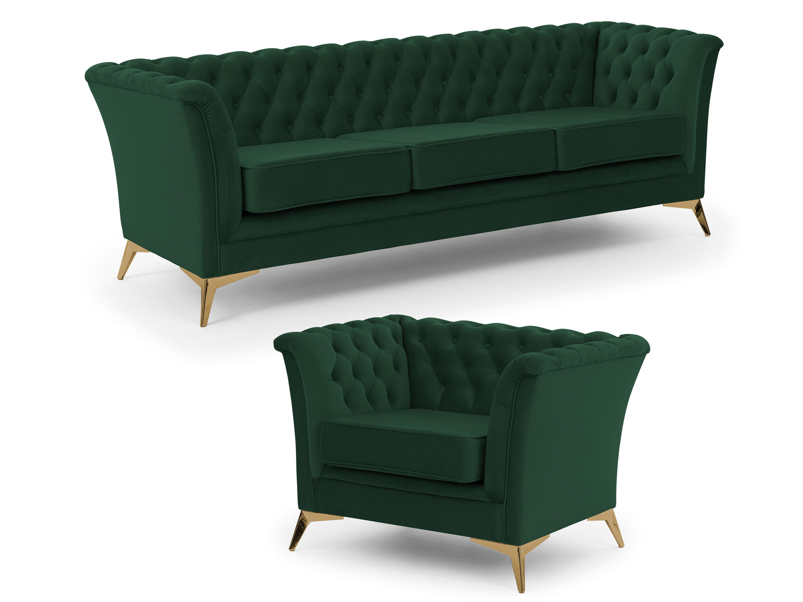 SITZGARNITUR 3+1 Chesterfield Whitby Flasche Grün Samt mit goldenen Füßen - Dunkelgrün/Goldfarben, Holz/Textil (237/78/82cm) - S-Style Möbel