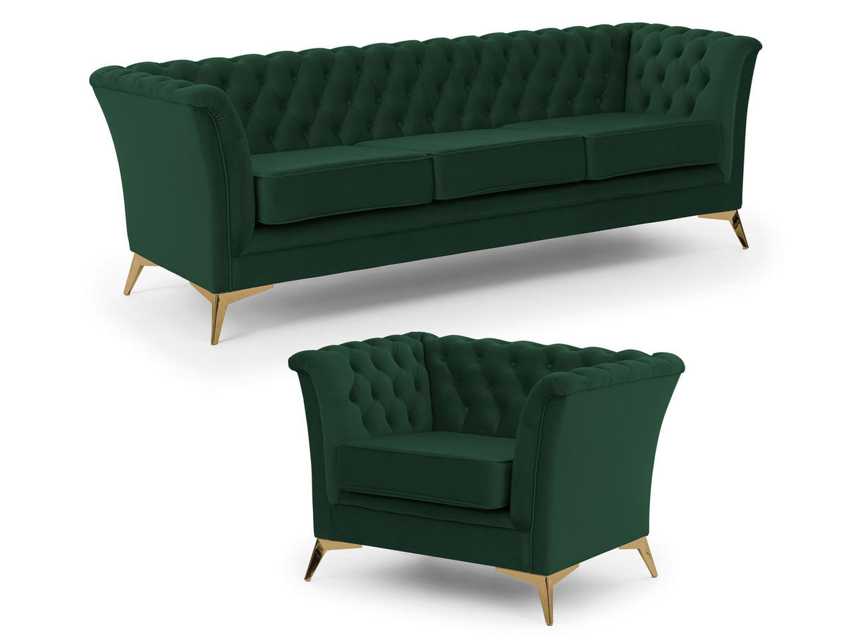 SITZGARNITUR 3+1 Chesterfield Whitby Flasche Grün Samt mit goldenen Füßen - Dunkelgrün/Goldfarben, Holz/Textil (237/78/82cm) - S-Style Möbel